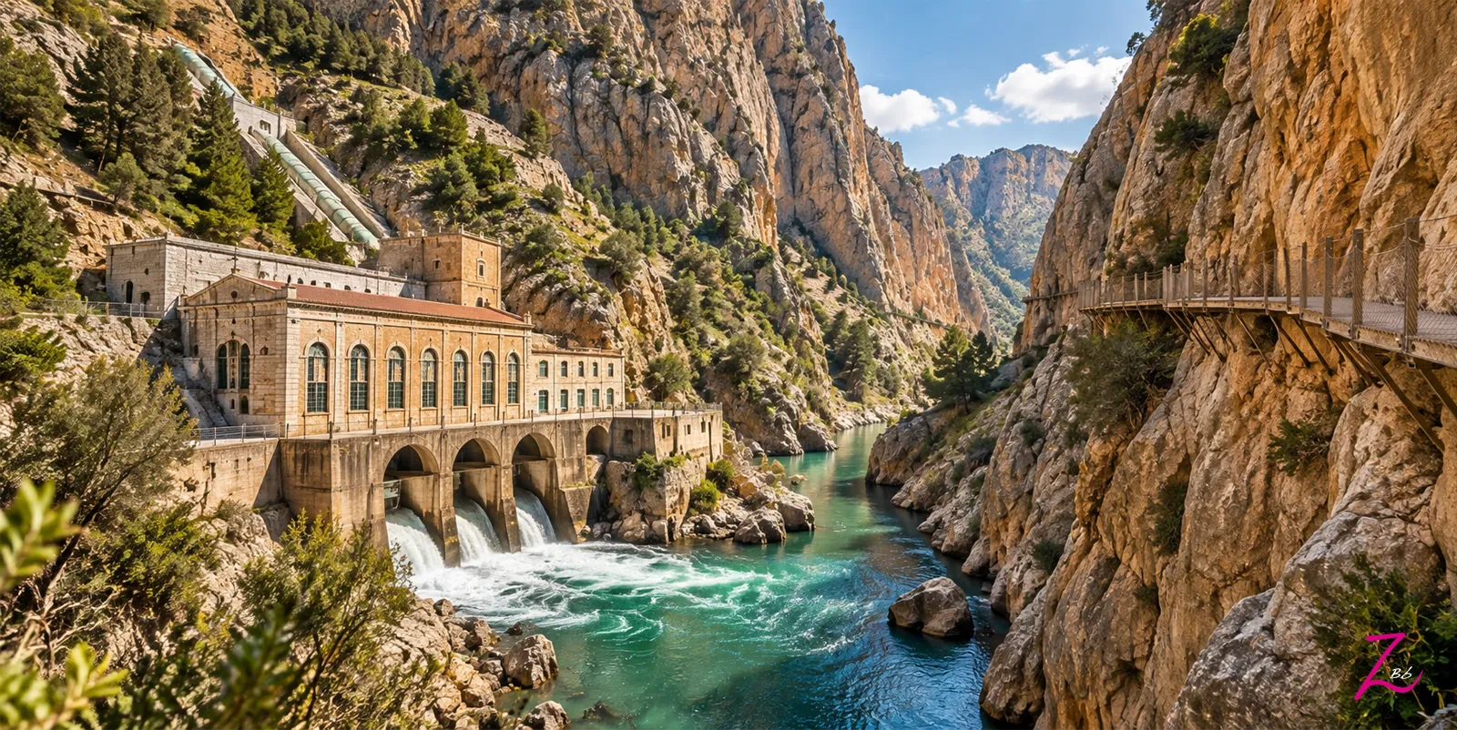 Creación artística del Caminito del Rey y una central hidroeléctrica entre las montañas del Desfiladero de los Gaitanes