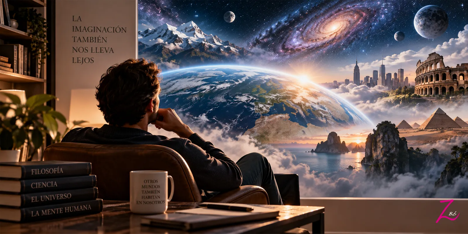 Hombre contemplando el mundo y el cosmos a través de su imaginación