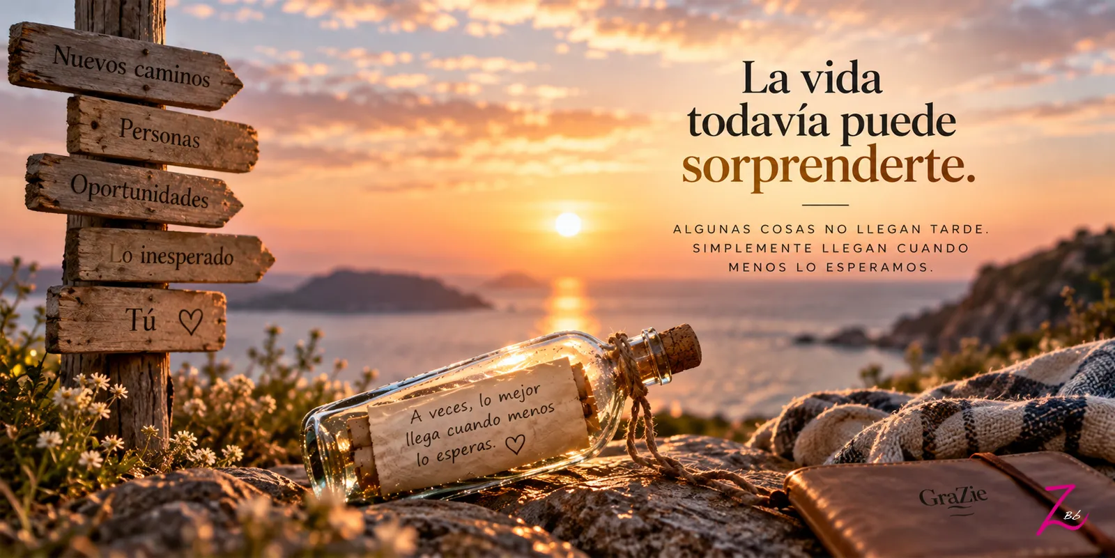 Botella con un mensaje junto a un camino de madera frente al mar al atardecer