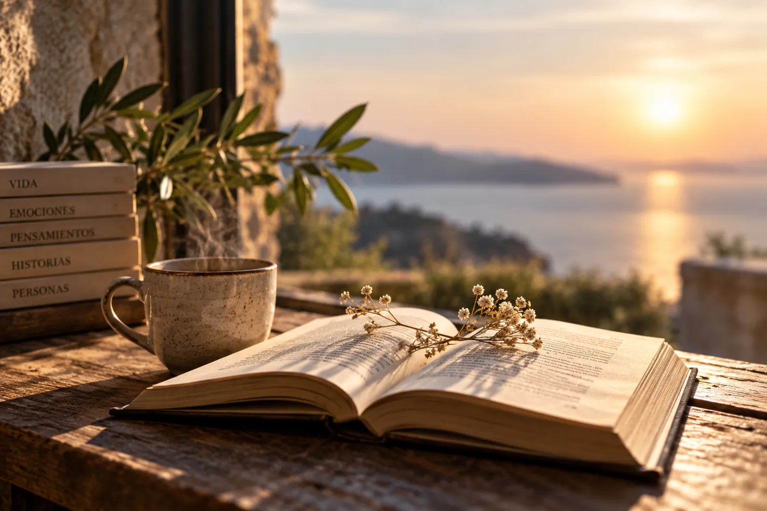 Literatura reflexiva junto al mar con un libro abierto