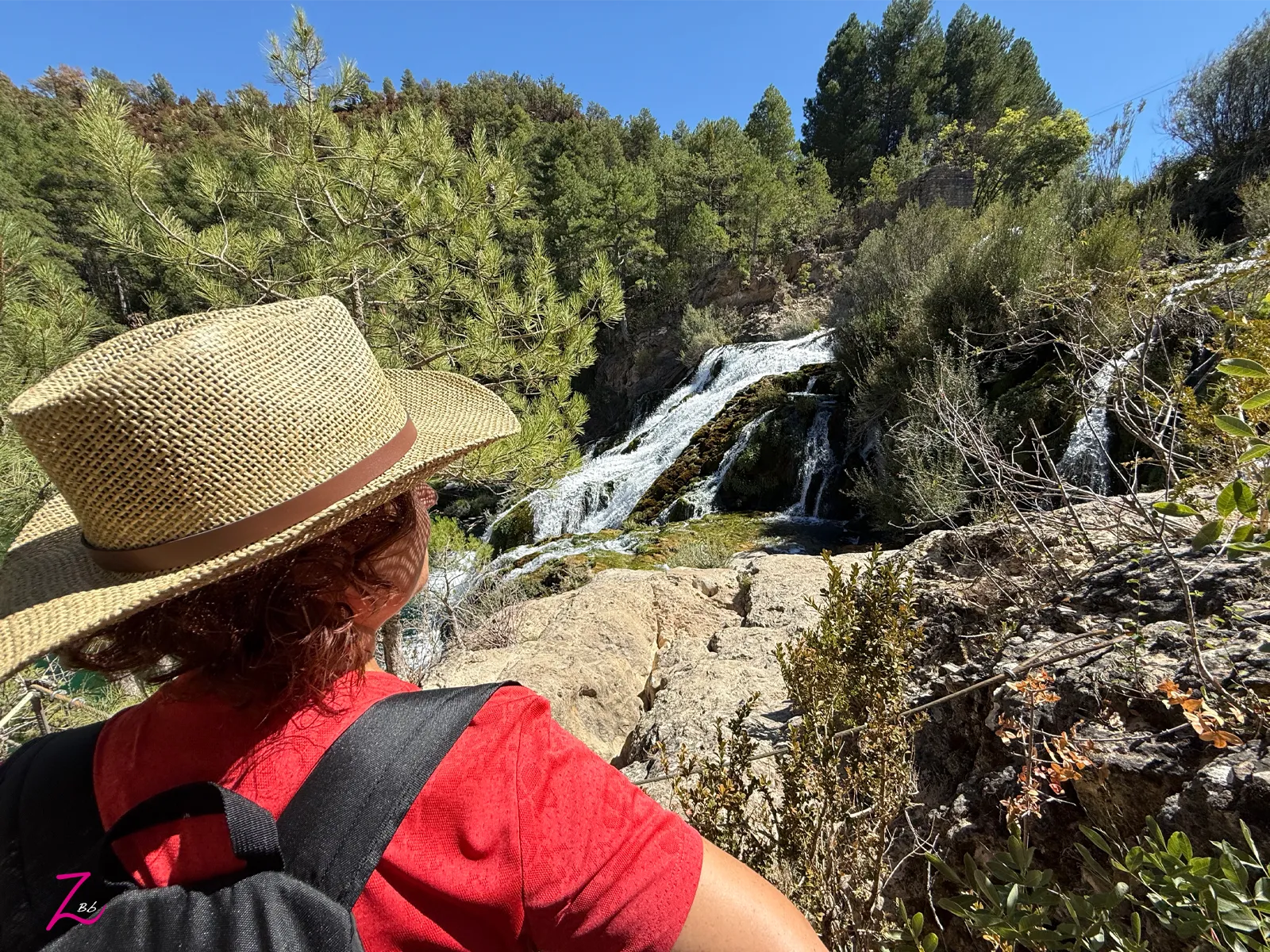 Persona contemplando la cascada del Salto de Poveda entre pinares del Alto Tajo
