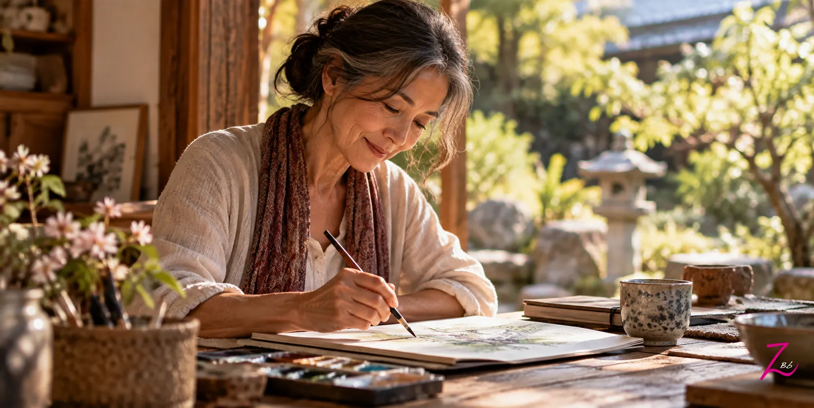 Mujer japonesa pintando tranquilamente en un espacio rodeado de naturaleza