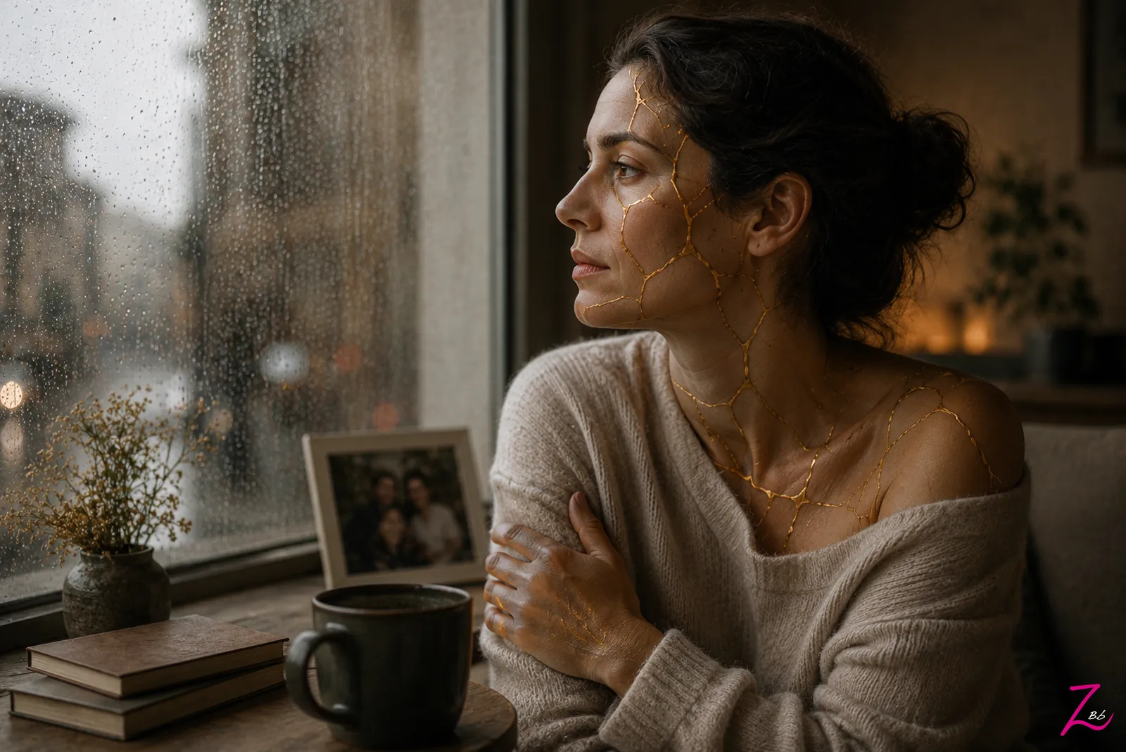Mujer con cicatrices doradas inspiradas en el Kintsugi mirando por la ventana
