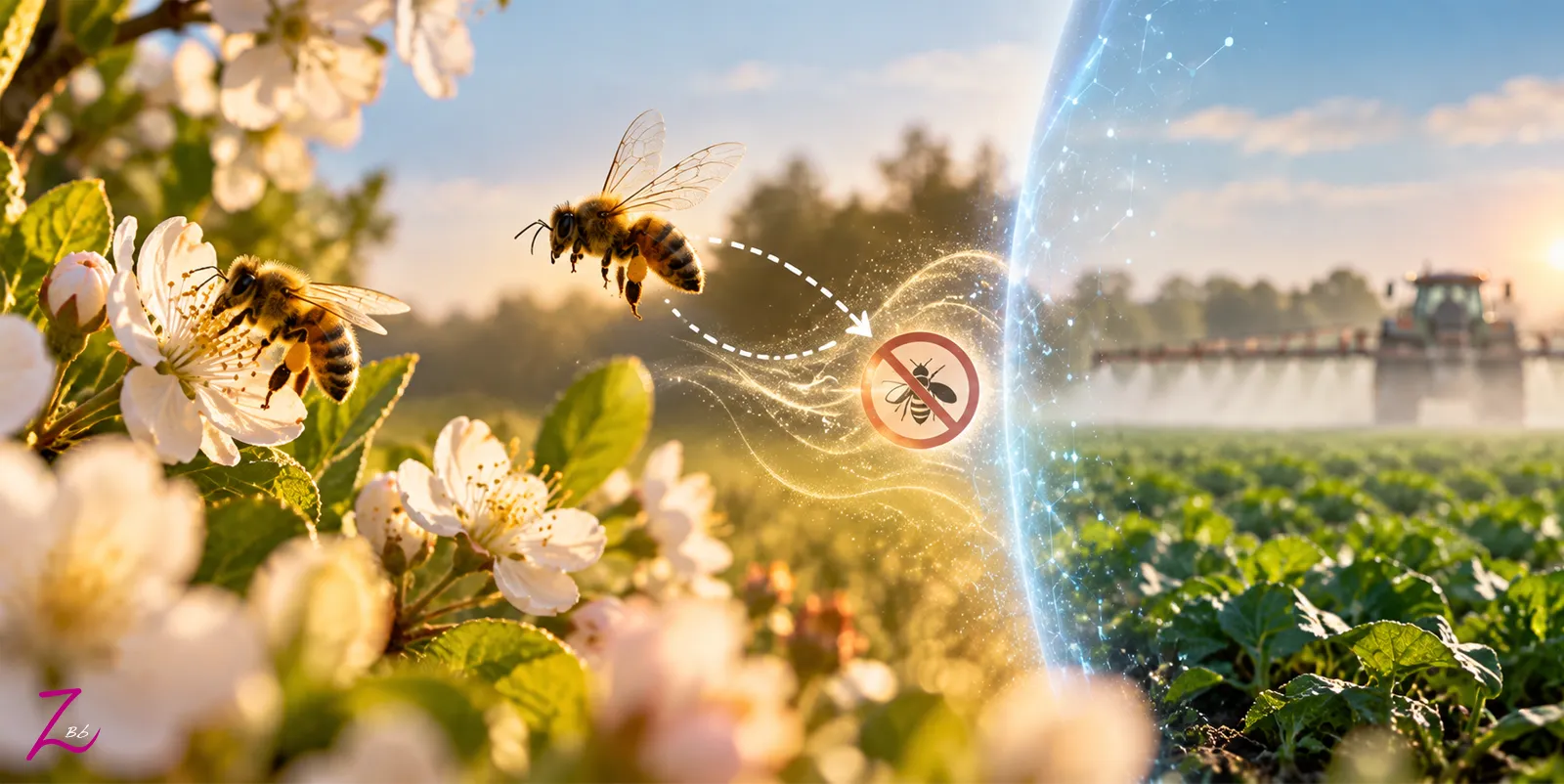 Abeja que cambia de dirección ante una señal para evitar una zona tratada con pesticidas.