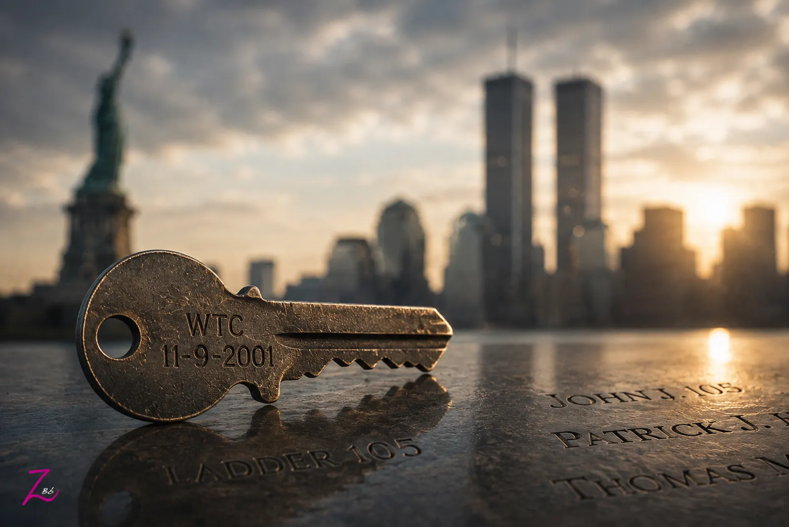 Una llave sobre una superficie conmemorativa frente al perfil de Nueva York y las Torres Gemelas