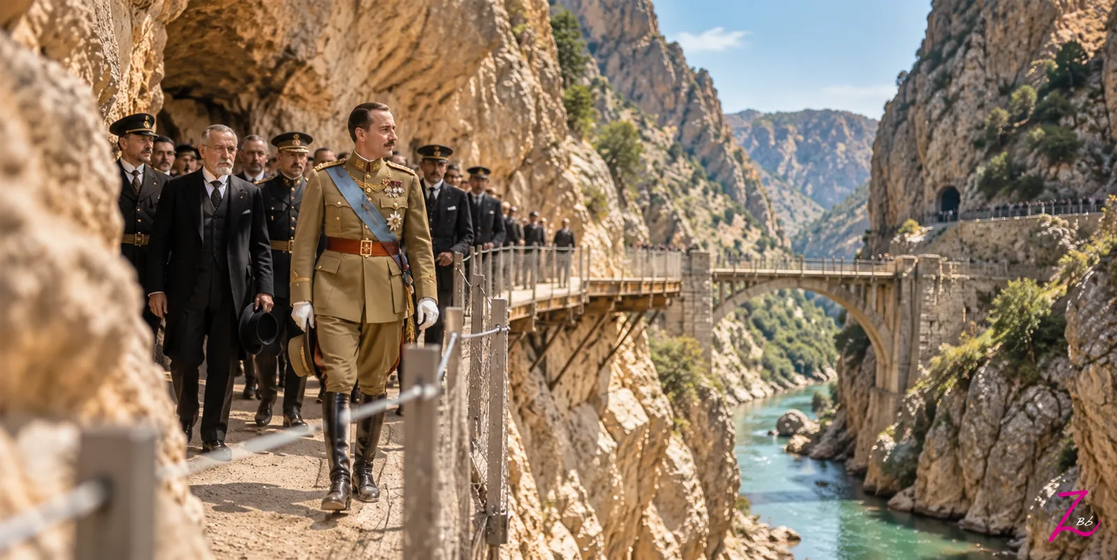 Recreación histórica de Alfonso XIII recorriendo el Caminito del Rey en 1921 junto al Desfiladero de los Gaitanes