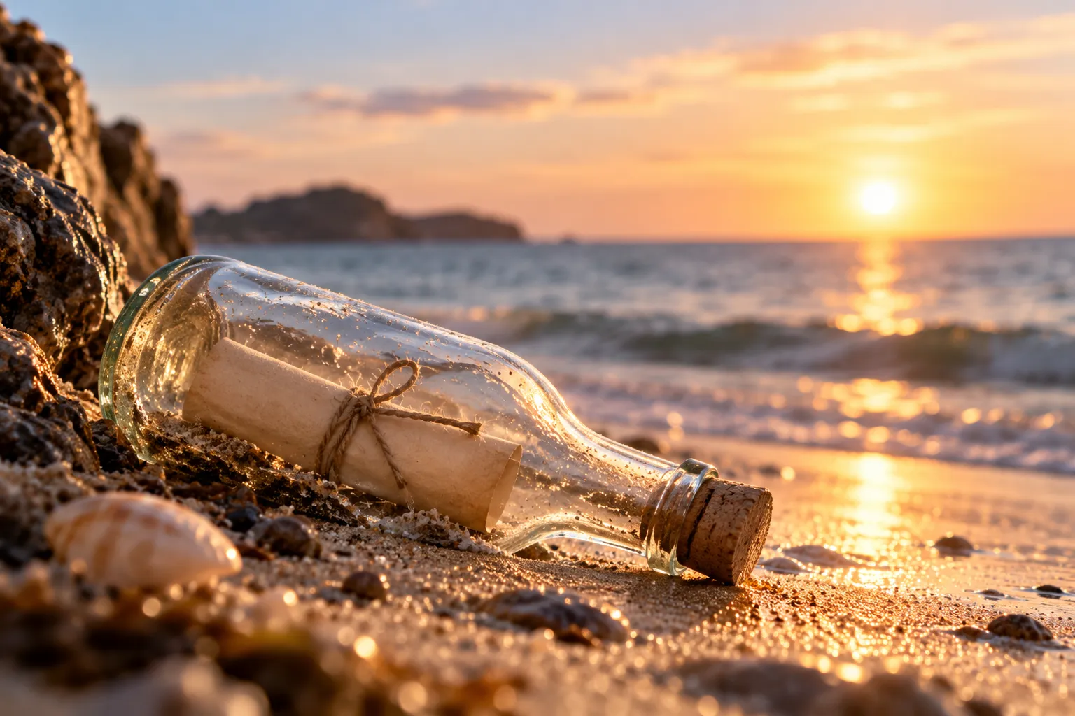 Un mensaje dentro de una botella junto al mar al atardecer