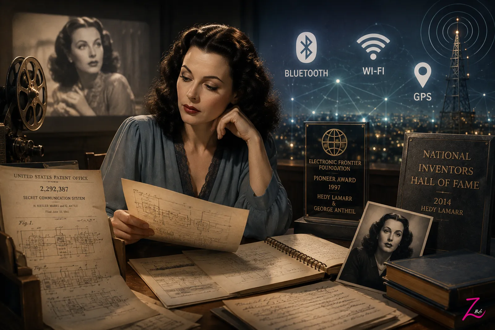 Hedy Lamarr rodeada de tecnología, documentos de patente y reconocimientos por su trabajo como inventora