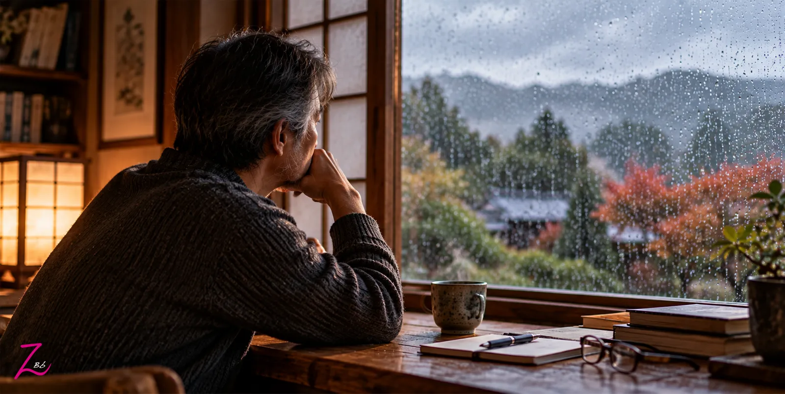 Hombre contemplando la lluvia desde una ventana en un momento de reflexión