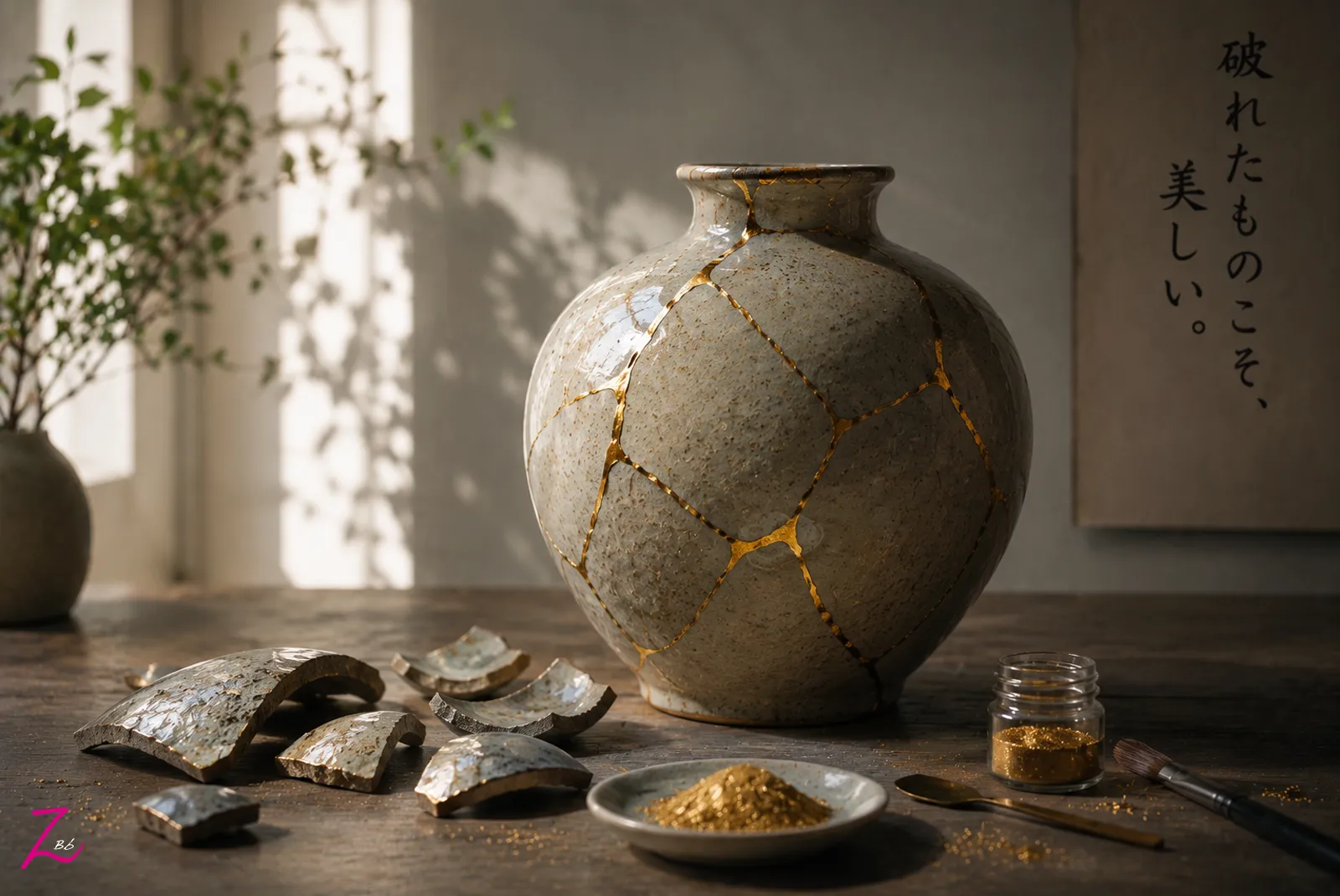 Jarrón de cerámica reparado con Kintsugi y fragmentos sobre una mesa