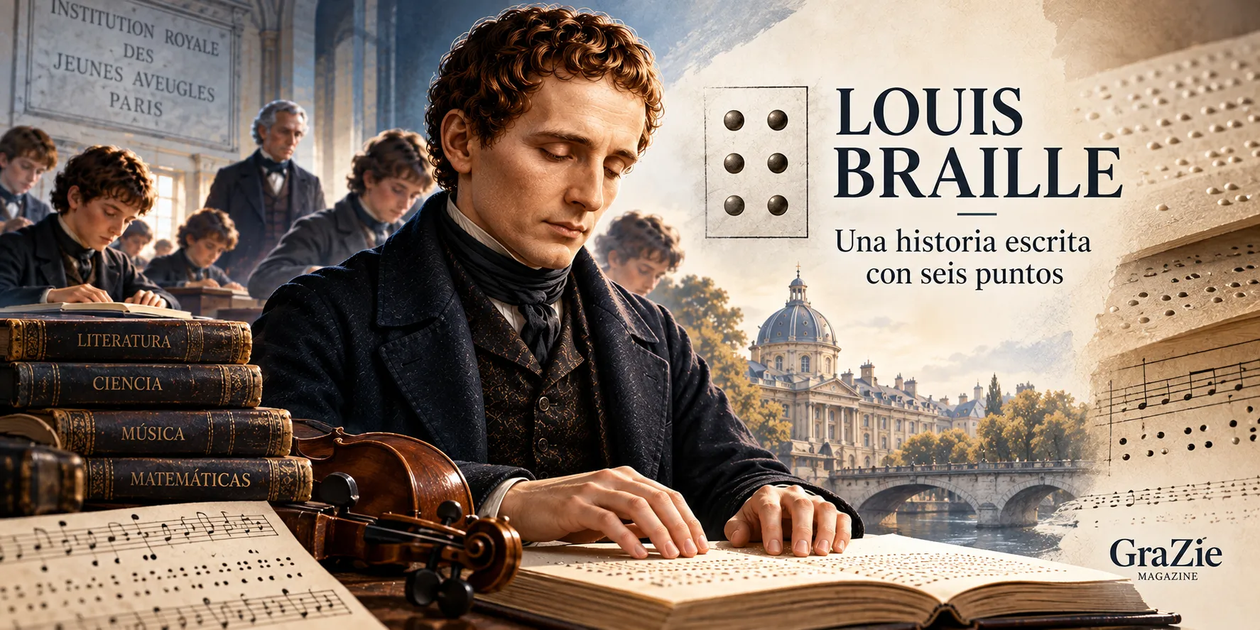 Luis Braille leyendo en braille junto a libros, música y los seis puntos de su sistema.