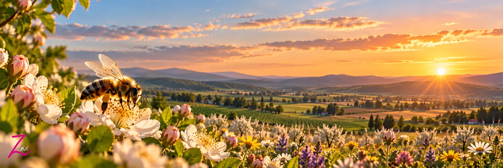 Abeja sobre una flor frente a un paisaje agrícola al atardecer.