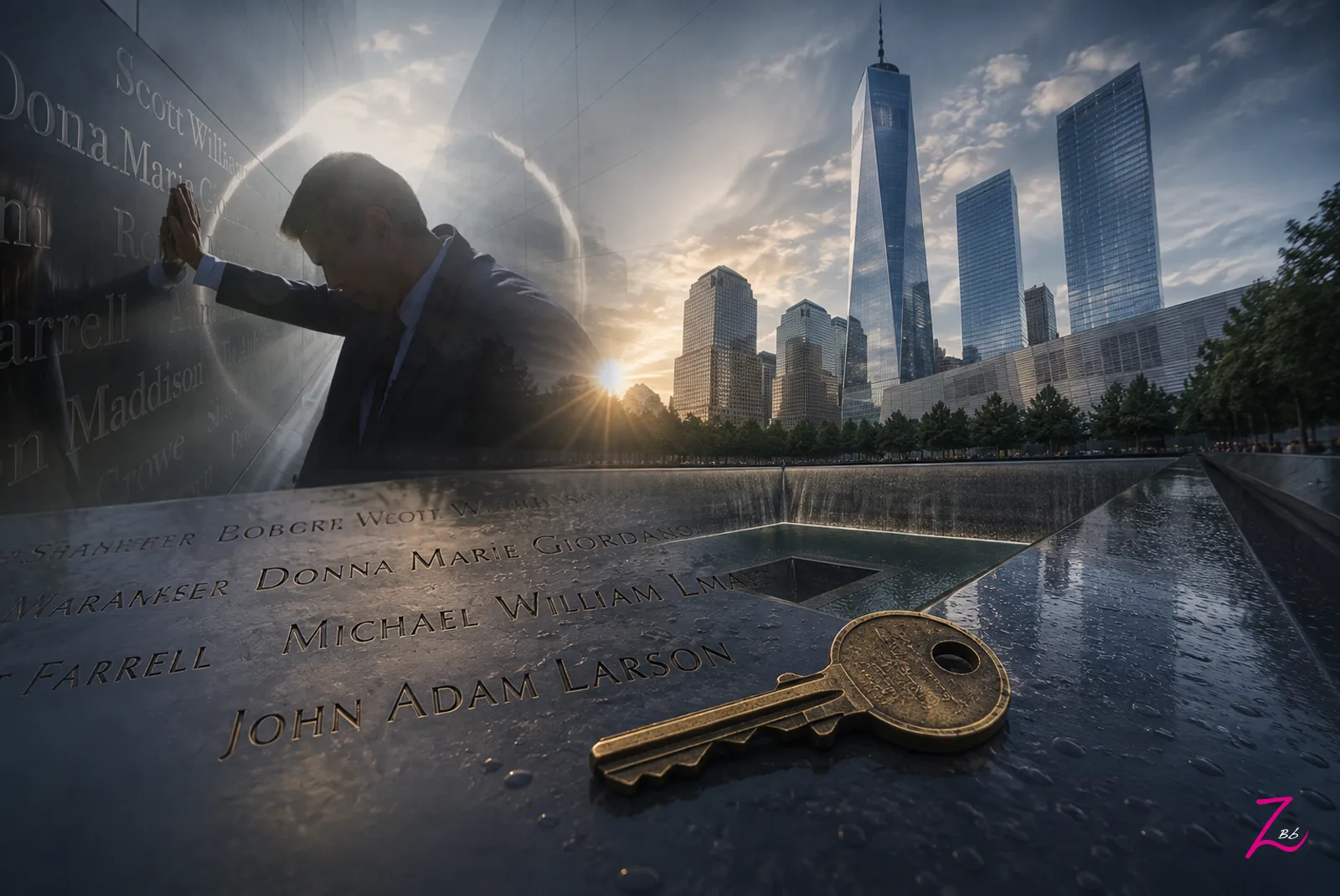Llave sobre el Memorial del 11-S junto a los nombres de las víctimas y el One World Trade Center