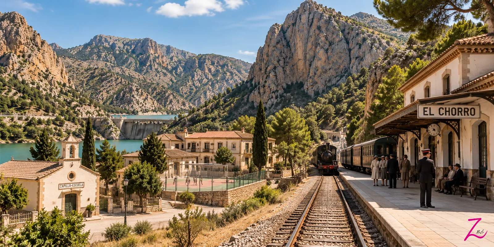 Estación de El Chorro y poblado histórico entre las montañas y los embalses del entorno del Caminito del Rey