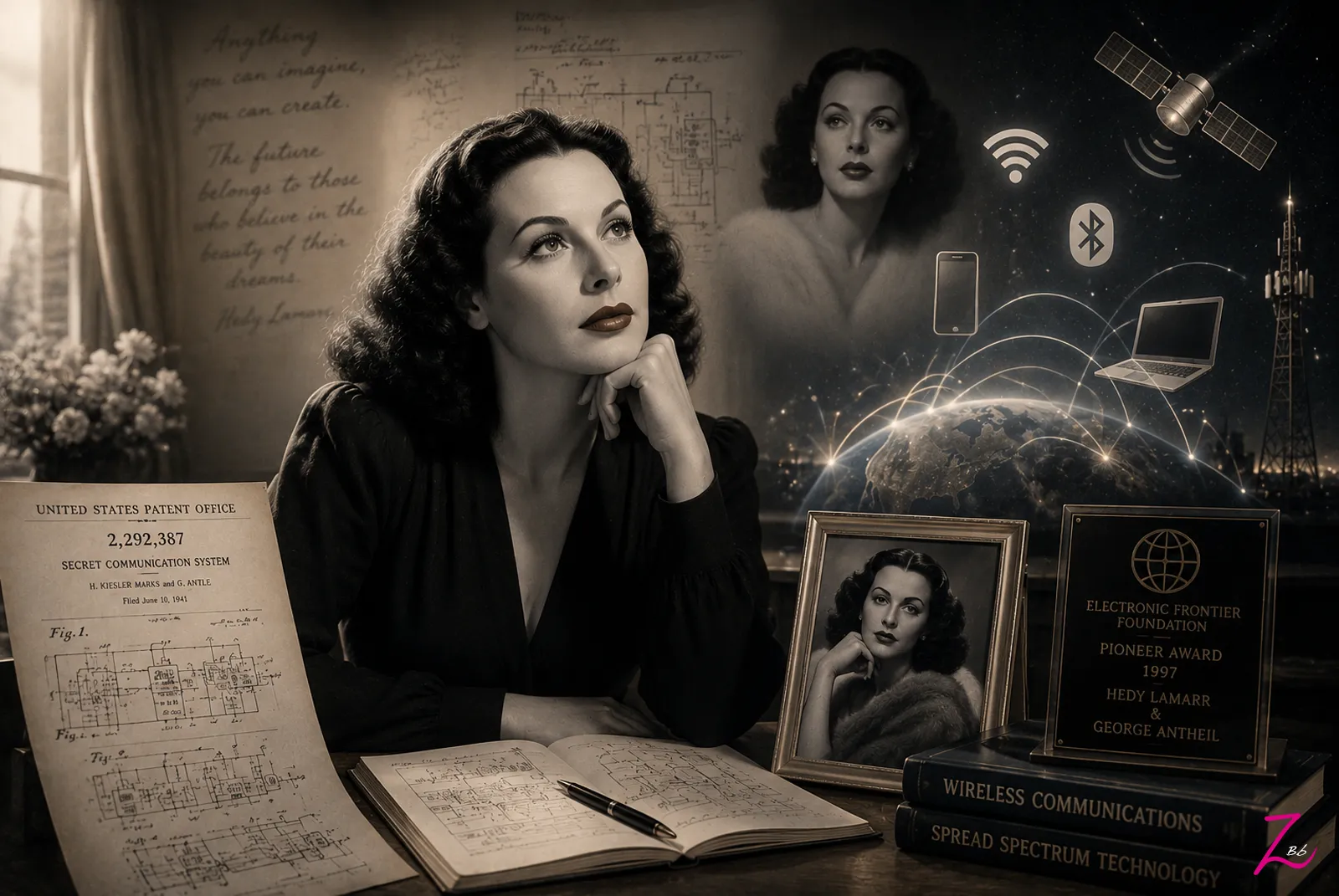 Hedy Lamarr reflexionando junto a documentos de su patente y elementos relacionados con las comunicaciones inalámbricas