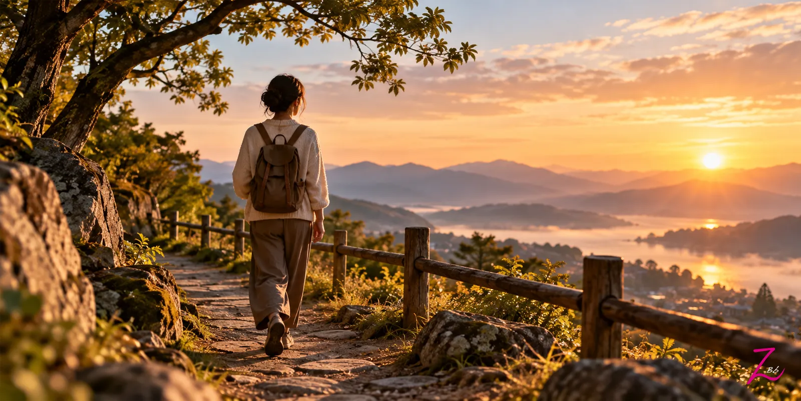 Mujer caminando sola por un sendero hacia un paisaje montañoso al amanecer