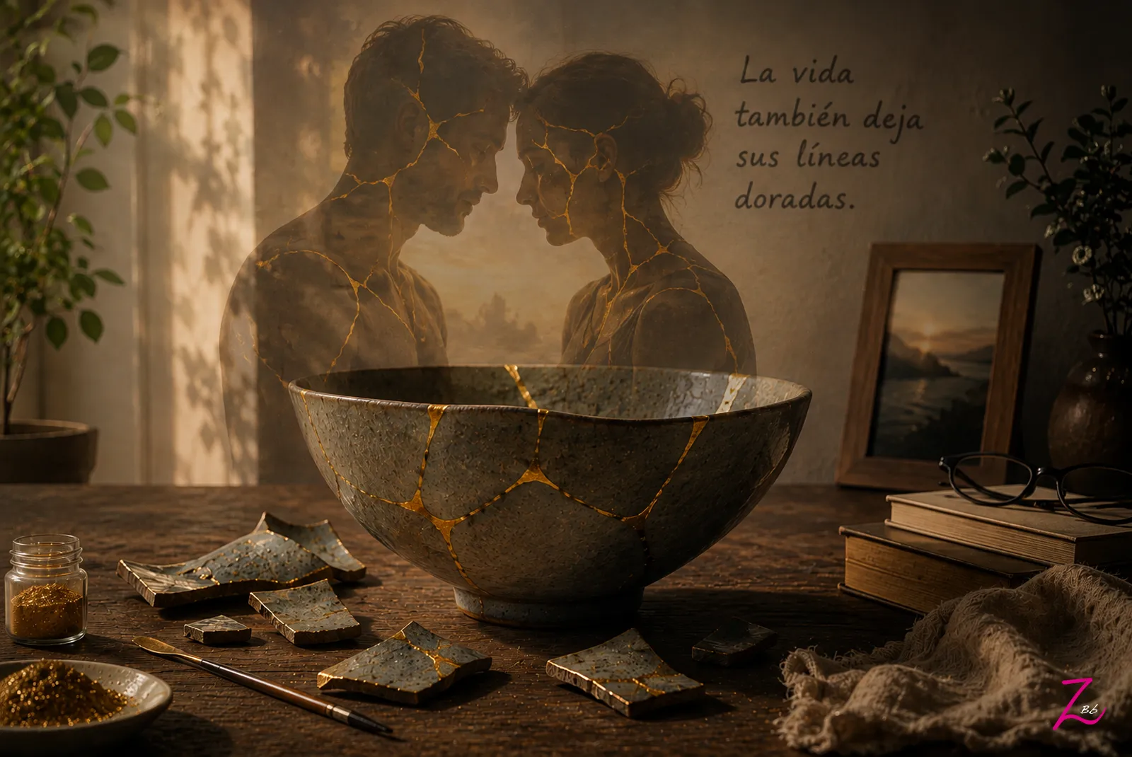 Pareja unida por cicatrices doradas inspiradas en el Kintsugi junto a una pieza de cerámica reparada