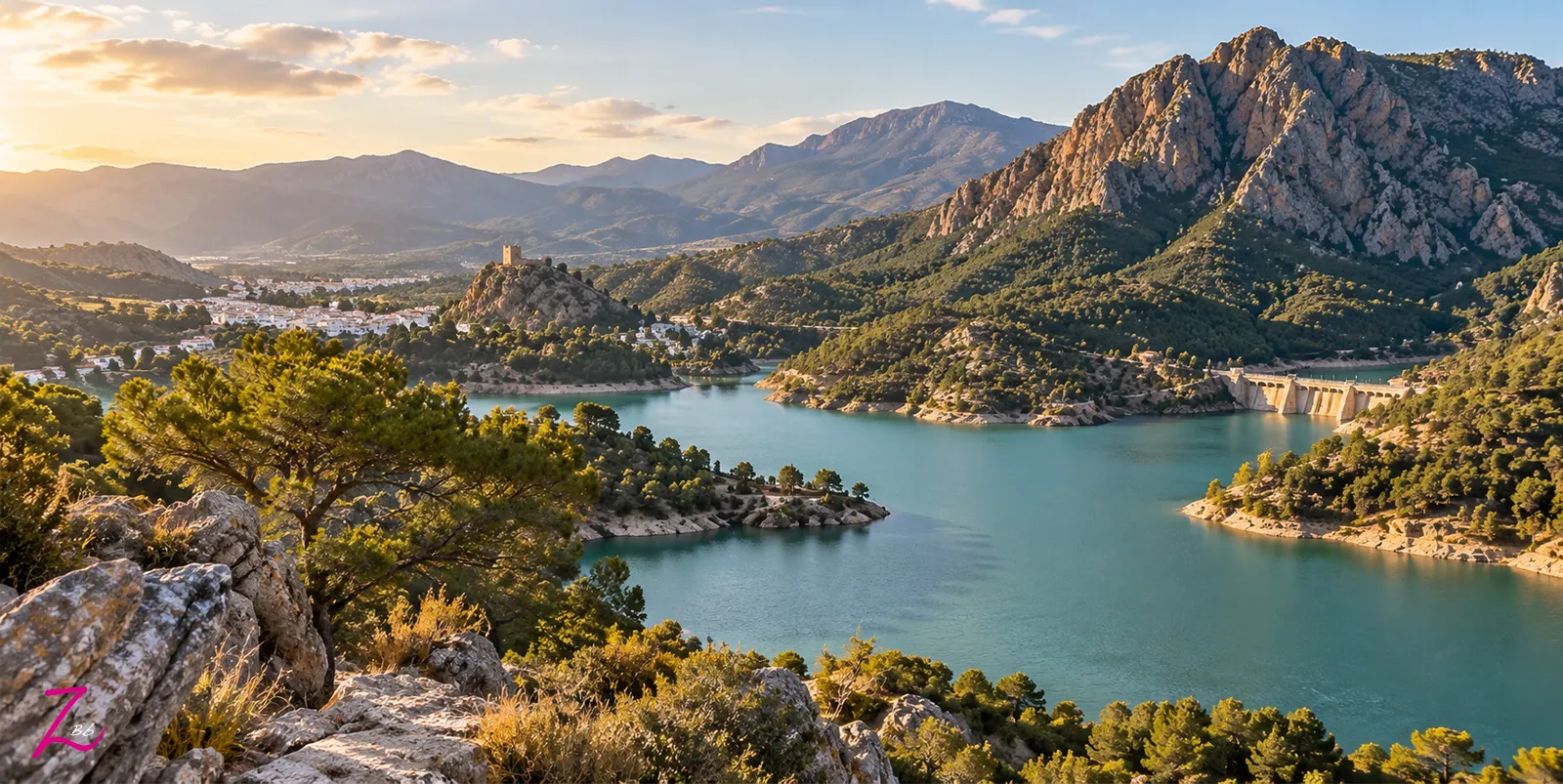 Paisaje de los embalses del entorno del Caminito del Rey entre montañas y bosques de Ardales