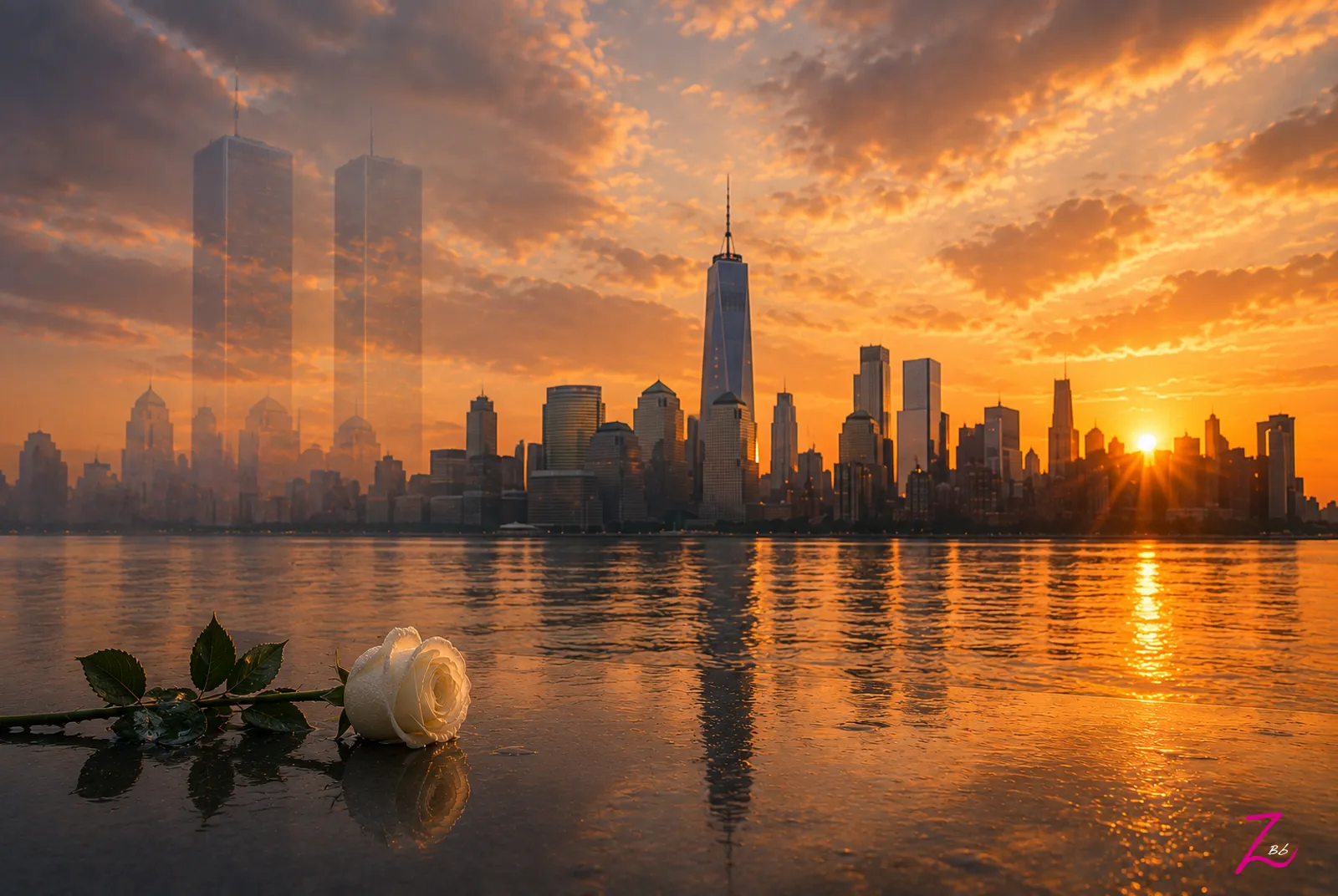 Rosa blanca reflejada al atardecer frente al perfil de Nueva York y la silueta de las Torres Gemelas