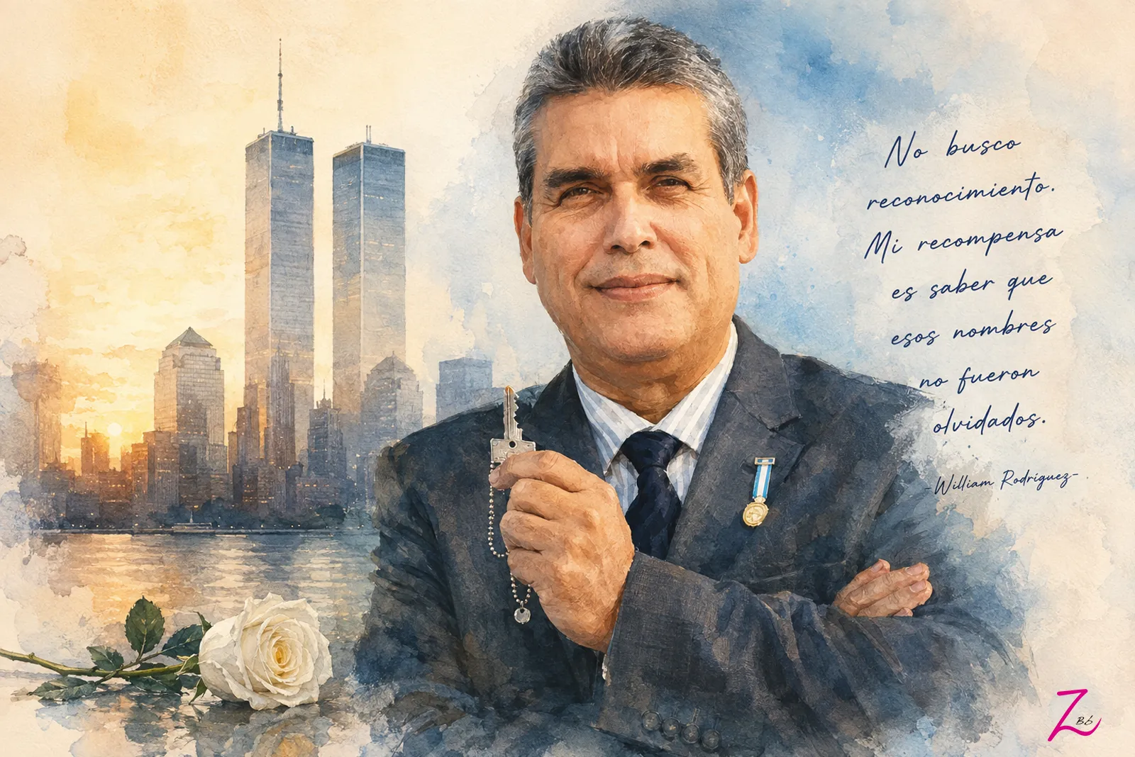 Retrato ilustrado de William Rodríguez frente al perfil de Nueva York y las Torres Gemelas