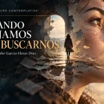 Retrato de una mujer y una figura que camina hacia un paisaje, imagen simbólica de la búsqueda interior