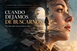Retrato de una mujer y una figura que camina hacia un paisaje, imagen simbólica de la búsqueda interior