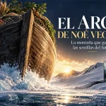 Ilustración cinematográfica del arca de Noé vegetal entre los hielos del Ártico, con semillas y la bóveda de Svalbard al fondo.