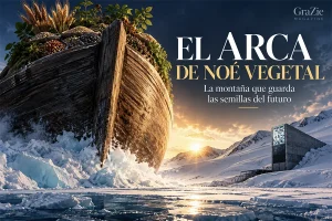 Ilustración cinematográfica del arca de Noé vegetal entre los hielos del Ártico, con semillas y la bóveda de Svalbard al fondo.