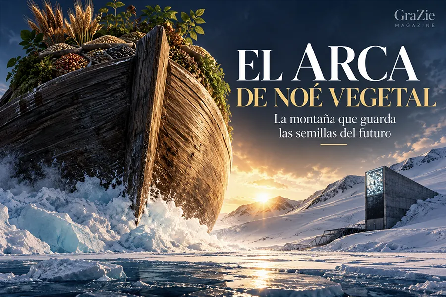 00-el-arca-de-noe-vegetal-grazie-magazine Ilustración cinematográfica del arca de Noé vegetal entre los hielos del Ártico, con semillas y la bóveda de Svalbard al fondo.