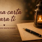 Carta manuscrita junto a una pluma y una lámpara encendida, portada de Una carta para ti.