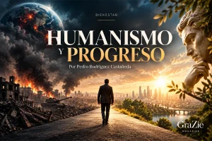 Humanismo y progreso representados entre un mundo en crisis y un futuro iluminado