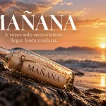 Botella con el mensaje MAÑANA sobre unas rocas frente al mar al atardecer