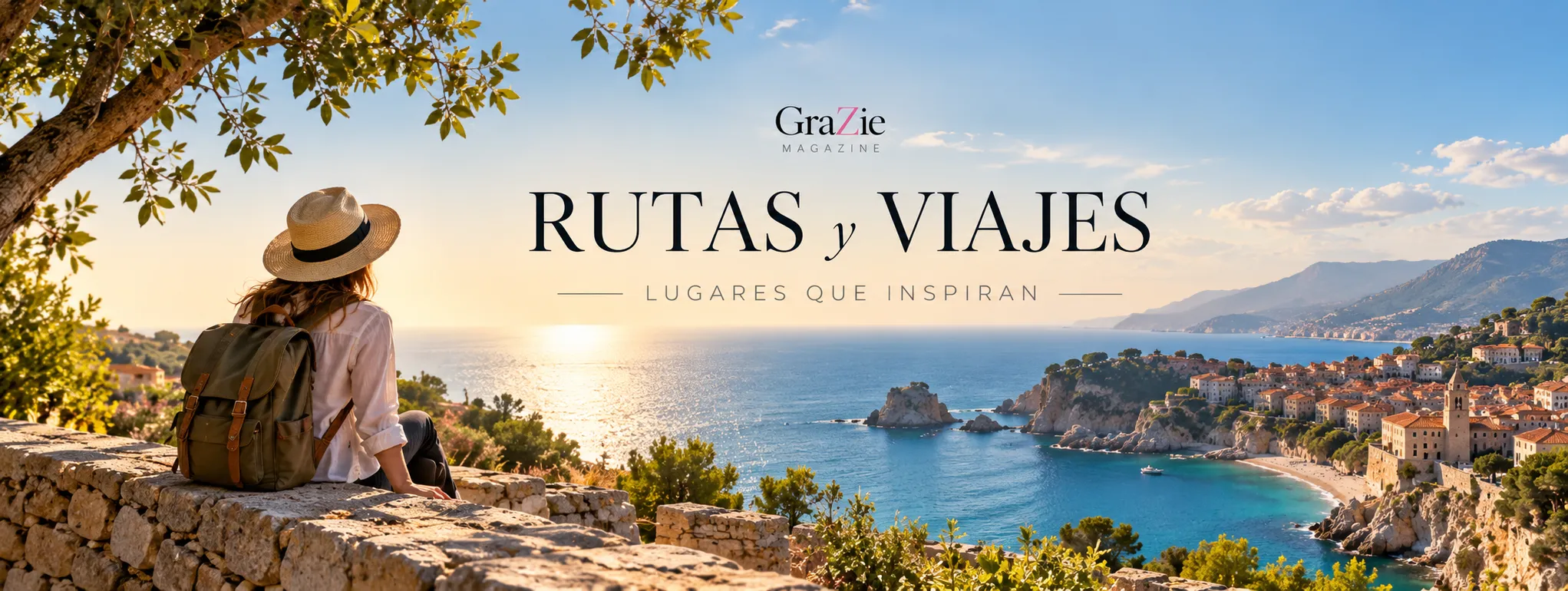 Paisaje costero mediterráneo con una viajera contemplando el mar en Rutas y Viajes de GraZie Magazine.