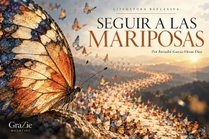Mariposa en primer plano ante un camino formado por miles de mariposas, portada de Seguir a las mariposas de GraZie Magazine.