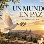 Paloma blanca con una rama de olivo ante una ciudad iluminada al atardecer, portada de Un mundo en paz de GraZie Magazine.