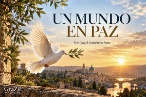 Paloma blanca con una rama de olivo ante una ciudad iluminada al atardecer, portada de Un mundo en paz de GraZie Magazine.