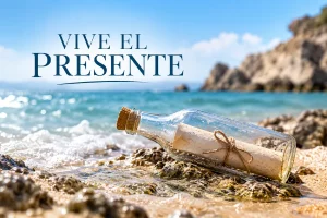 Vive el presente, mensaje en una botella junto al mar