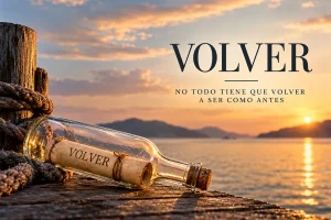 Botella con el mensaje VOLVER sobre un muelle al atardecer