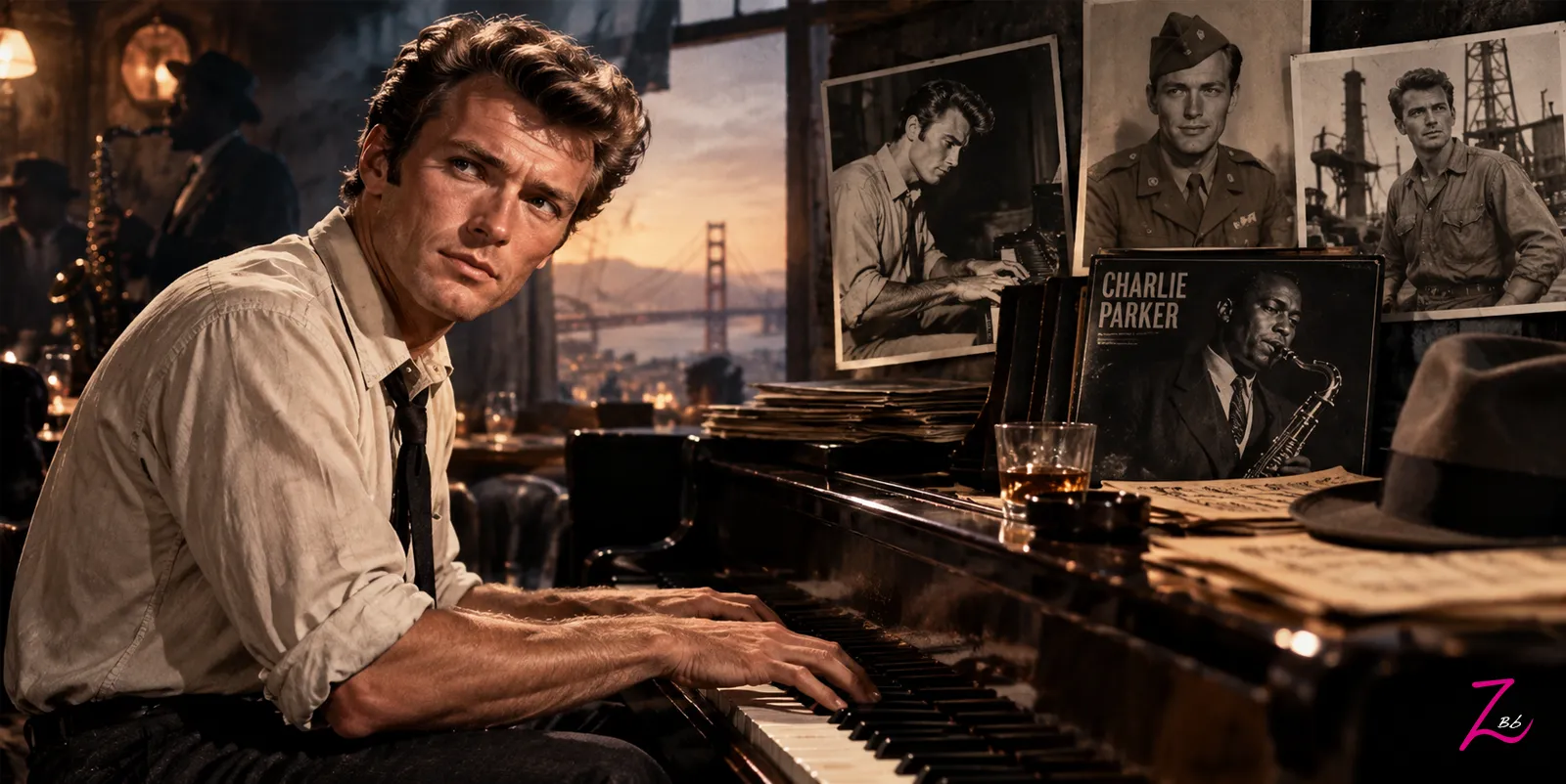 Clint Eastwood al piano, una imagen evocadora de su pasión por el jazz antes de convertirse en estrella de cine.