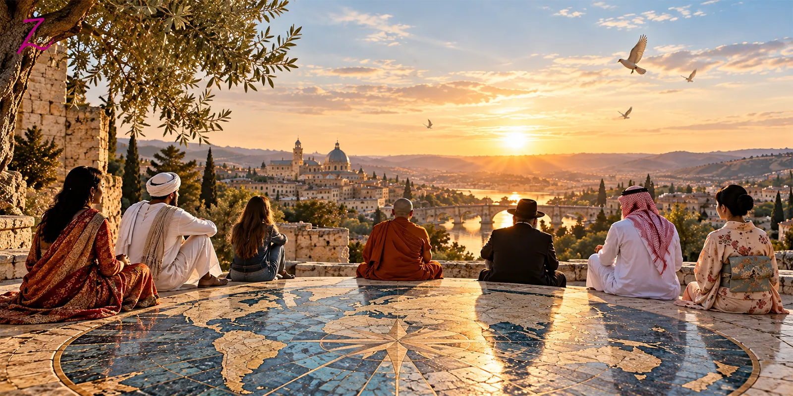 Personas de distintas culturas sentadas ante una ciudad al atardecer, símbolo de convivencia y paz en GraZie Magazine.