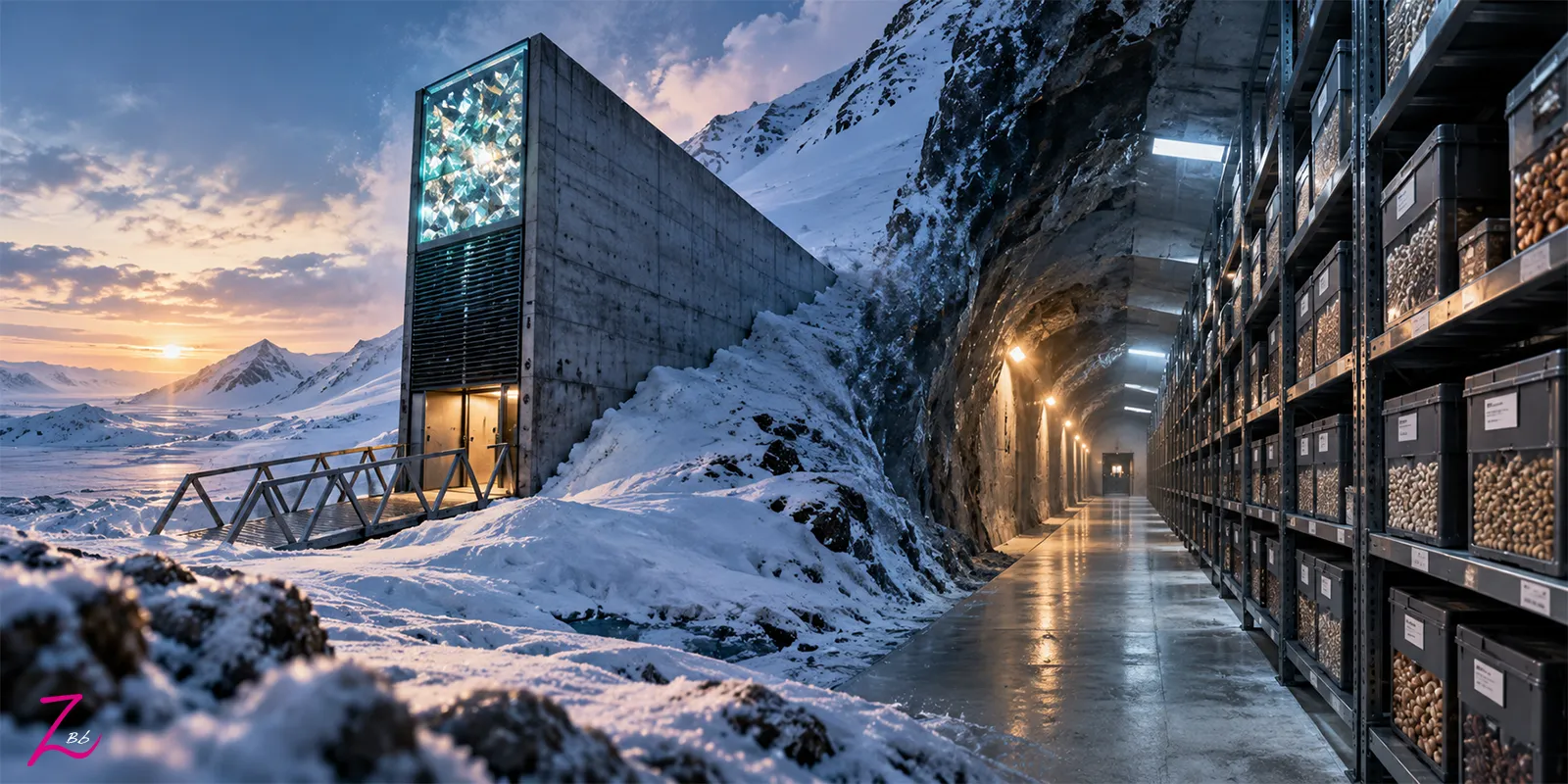 Bóveda de semillas de Svalbard, con la entrada entre montañas nevadas y un túnel subterráneo repleto de muestras vegetales.