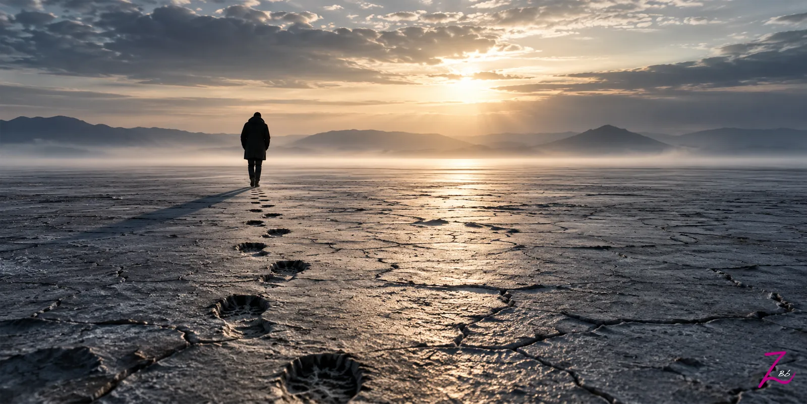 Una persona camina sola por un paisaje desolado dejando sus huellas atrás