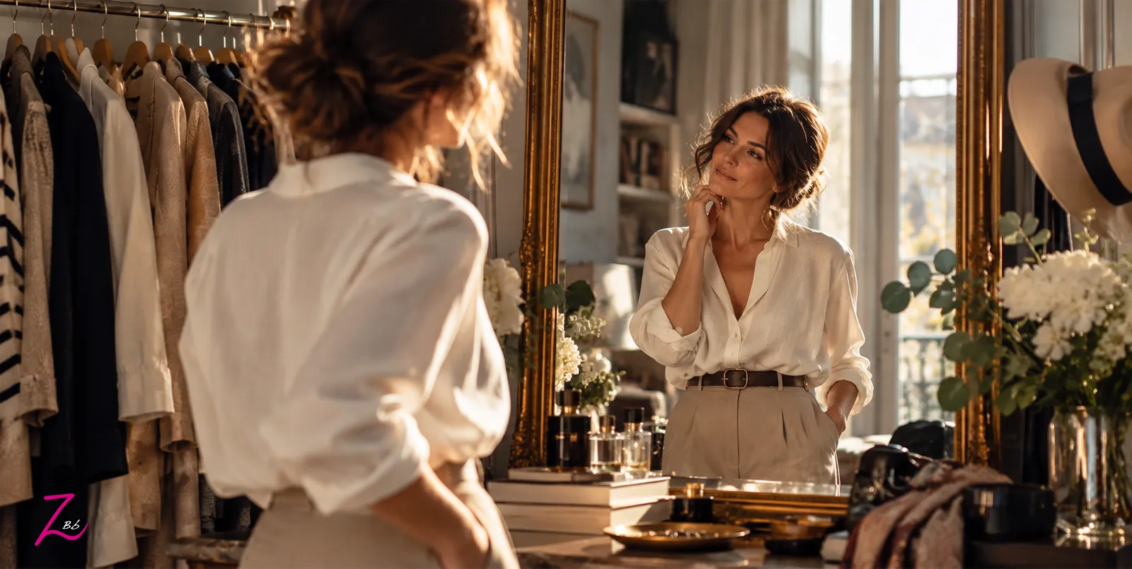 Mujer frente al espejo reflexionando sobre su estilo personal y su forma de vestir.