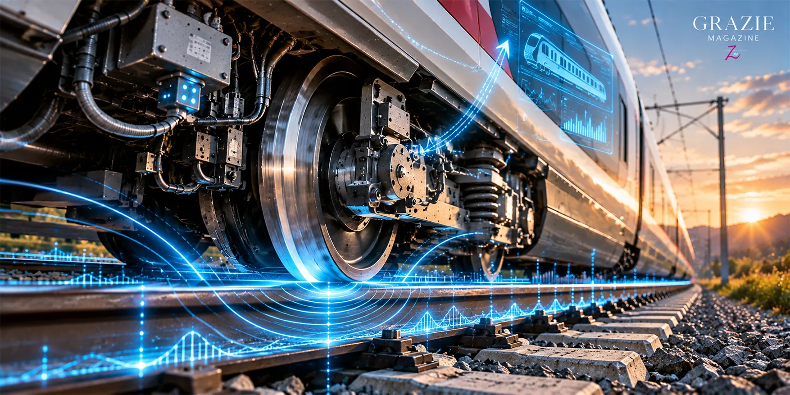 Ruedas de un tren de alta velocidad sobre los raíles con sensores que registran vibraciones para analizar el estado de las vías.