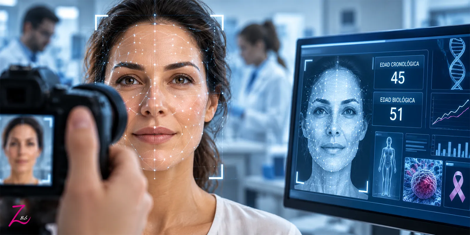 Inteligencia artificial analiza un rostro para estudiar la edad biológica mediante fotografía facial.