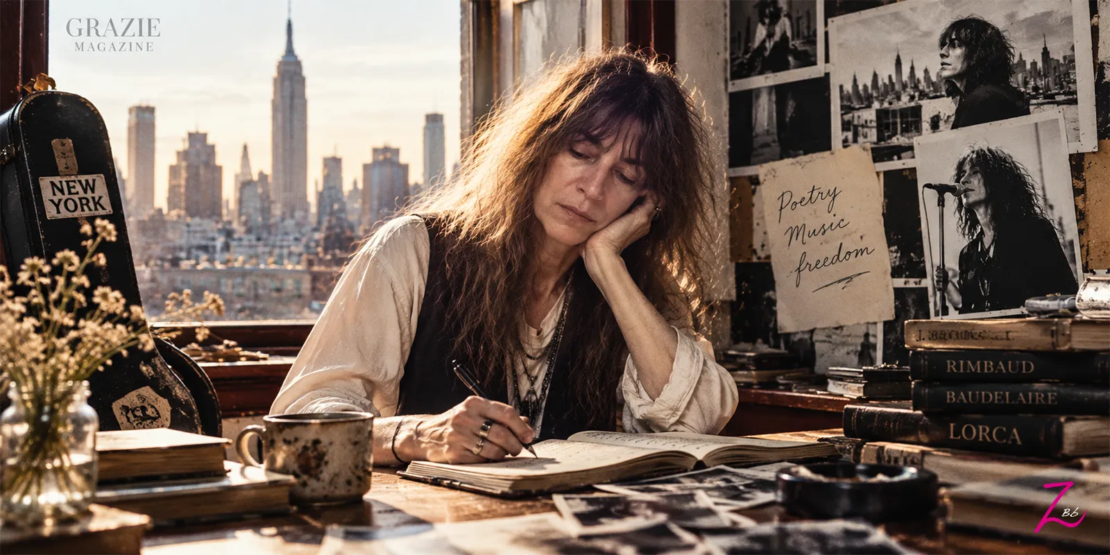 Patti Smith escribiendo en su estudio, rodeada de libros y fotografías.