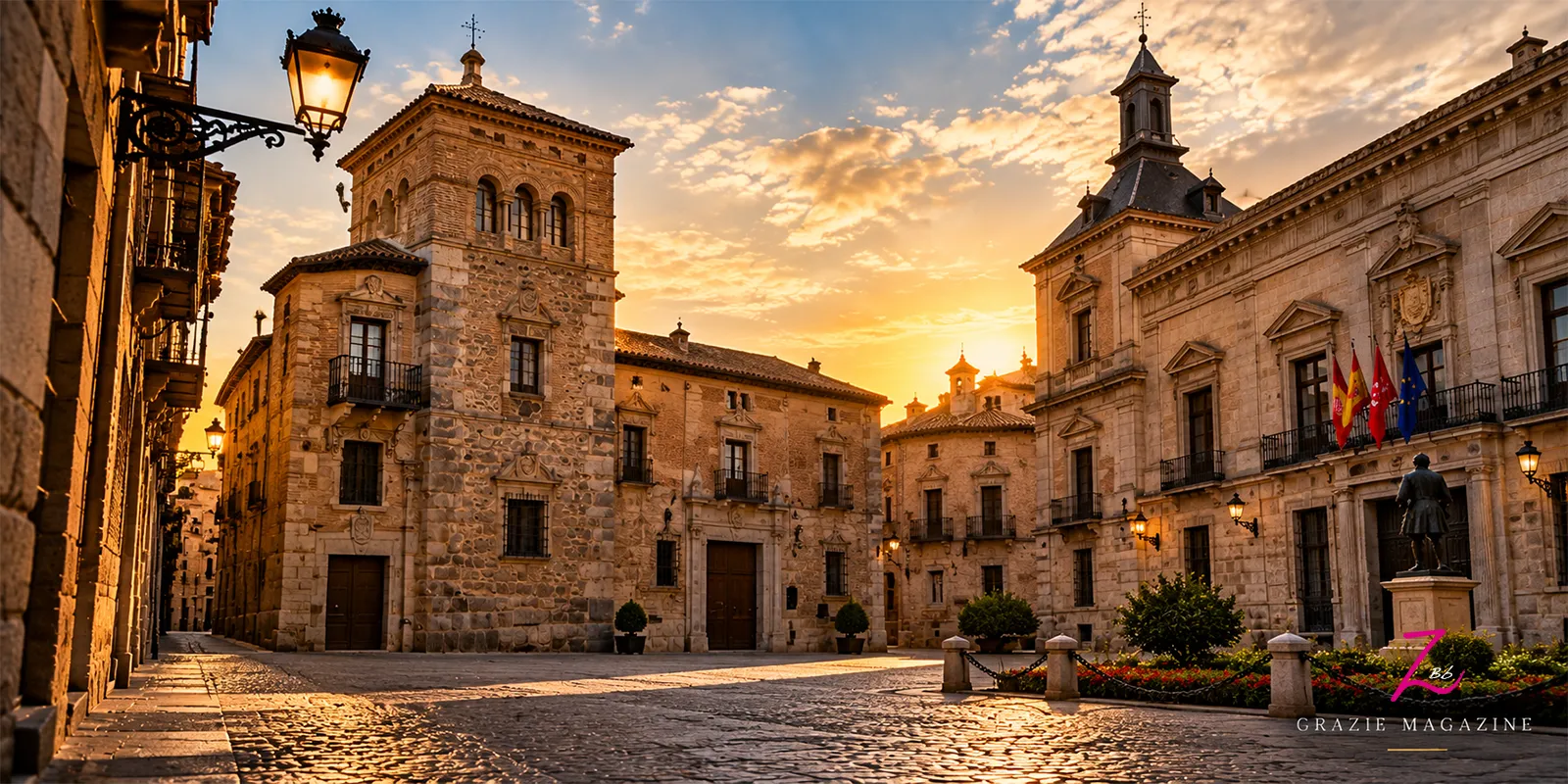 Plaza de la Villa de Madrid con la Casa y Torre de los Lujanes y edificios históricos iluminados por la luz cálida del atardecer.