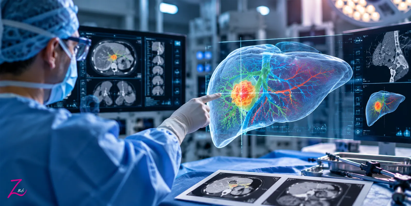 Cirujano utiliza una representación tridimensional del hígado para localizar un tumor mediante realidad aumentada.
