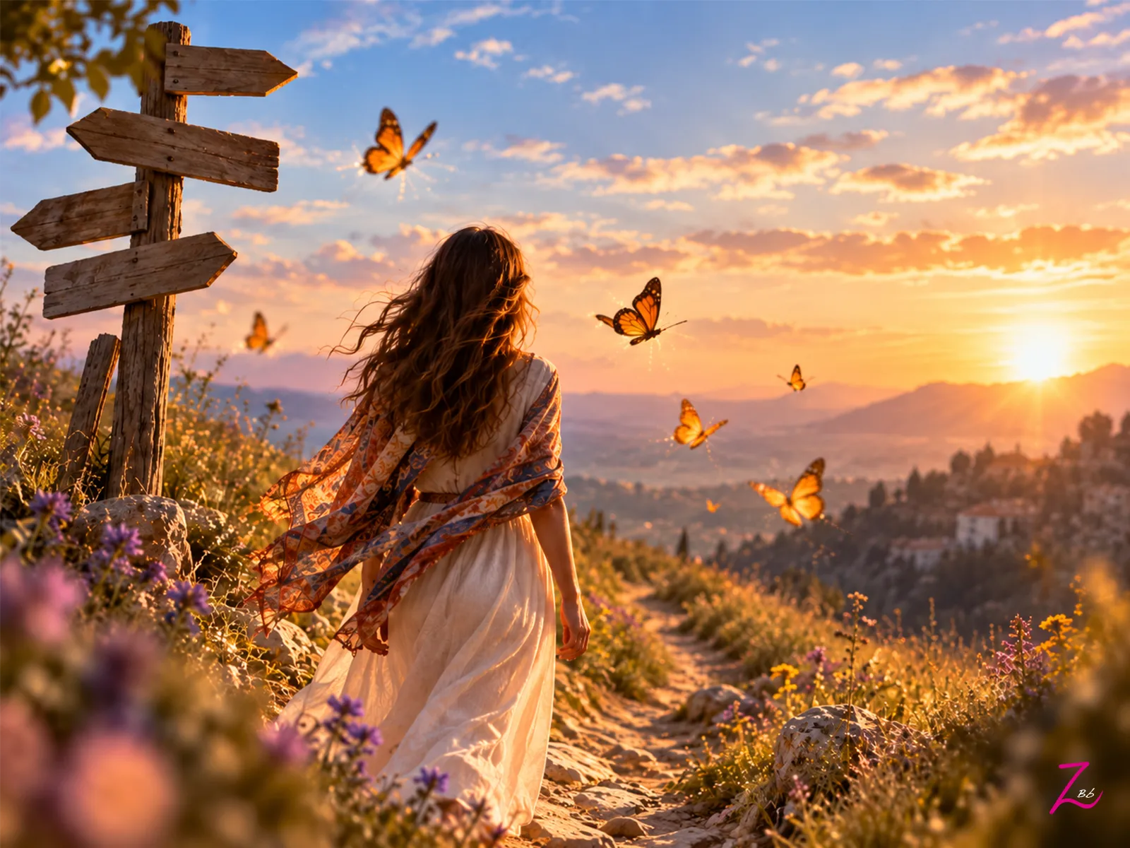 Mujer caminando por un sendero entre mariposas, junto a un poste de señales que representa los distintos caminos de la vida.
