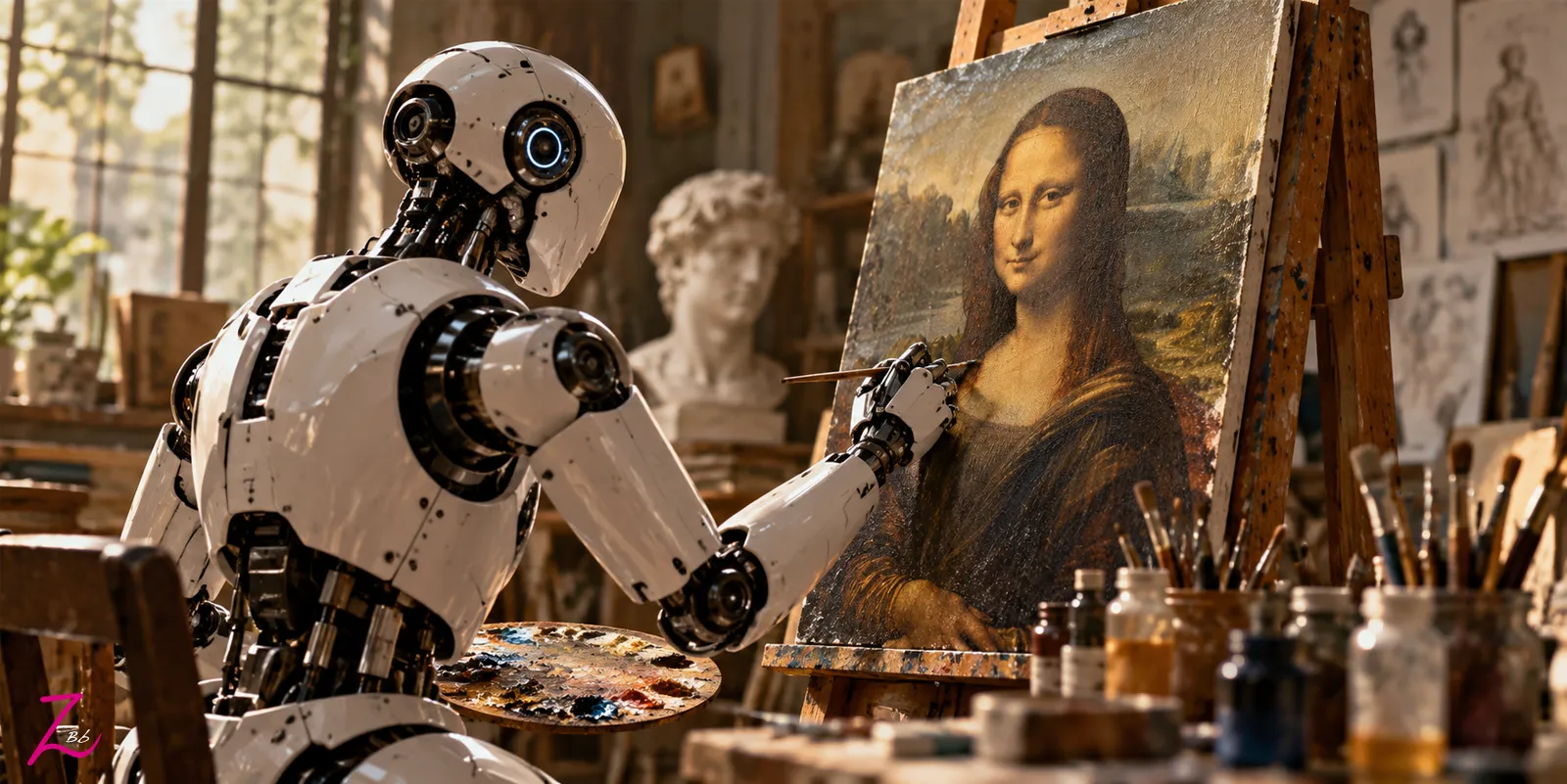 Robot humanoide pintando la Mona Lisa en un estudio de arte